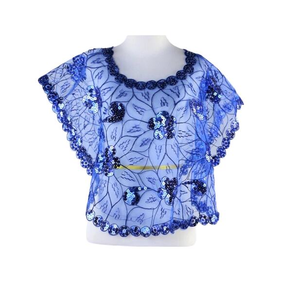 Cobalt Blue Mesh Caped Floral Print Top with Sequins And Beading - One Size - Picture 1 of 9